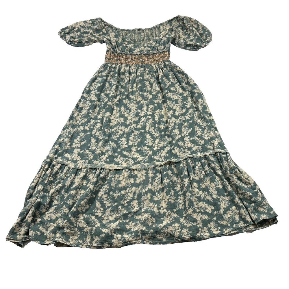 Free People Ellie Boho Green Floral Puff Sleeve Smock Bodice Maxi Dress Sz S - Picture 3 of 15